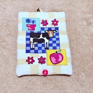 Vintage Quilted Puff‎ Pot Holder Trivet For Hot Stuff Cow Print With Flowers